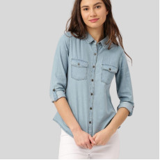 Womens Denim Solid Casual Collared Neck Shirt Light Blue